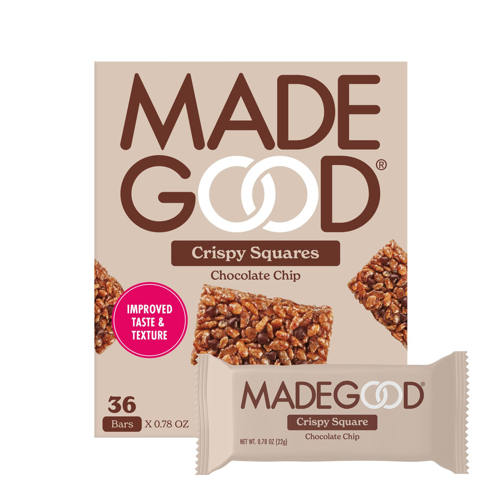 MadeGood front packaging showing chocolate chip crispy squares and organic label benefit
