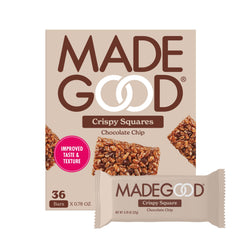 MadeGood front packaging showing chocolate chip crispy squares and organic label benefit