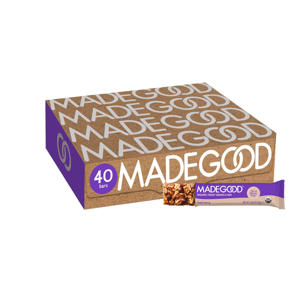 MadeGood front packaging showing 40-count box and mixed berry benefit