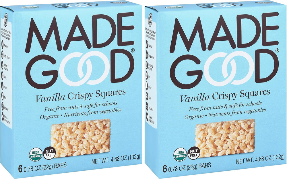 MadeGood front packaging showing two vanilla crispy squares, highlights allergy-friendly benefit
