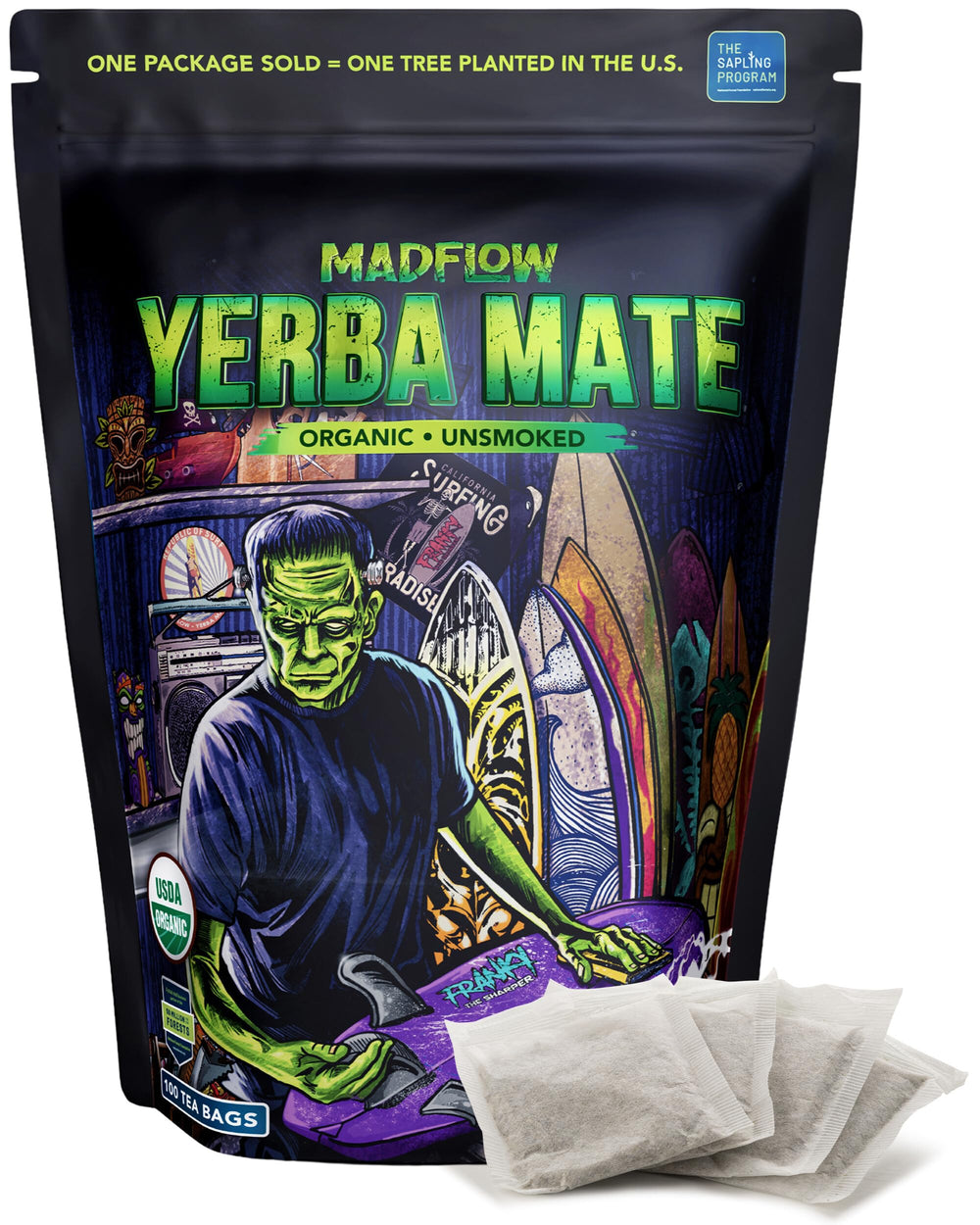 MADFLOW front packaging showing 100 tea bags and resealable pouch benefits