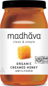 Madhava jar front view showing organic label and clear honey, highlights purity