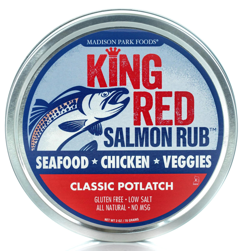 Madison Park Foods tin front view showing classic Potlatch rub preserving freshness