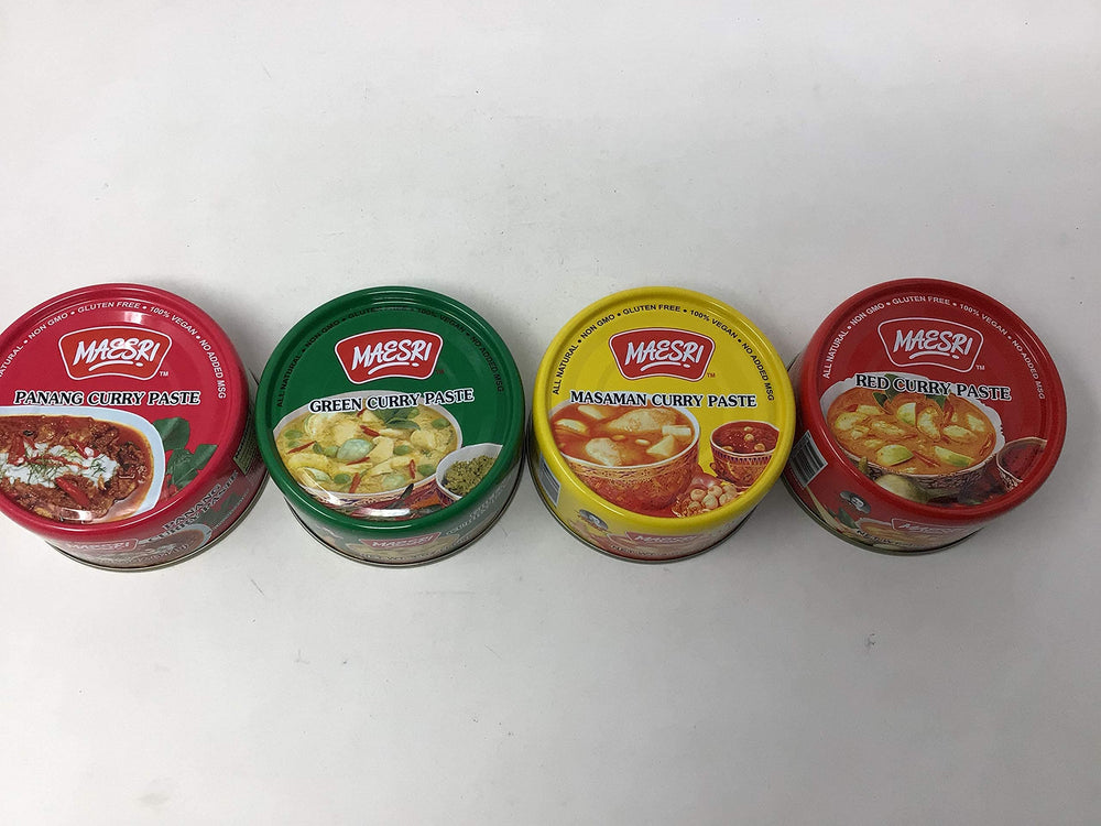 MAESRI front packaging showing four curry paste jars and variety convenience