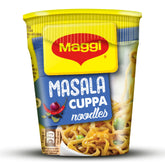 Maggi cup front packaging showing brand and masala flavor, highlights quick convenience