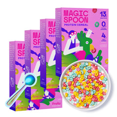 Magic Spoon front packaging showing fruity 4-pack and brand