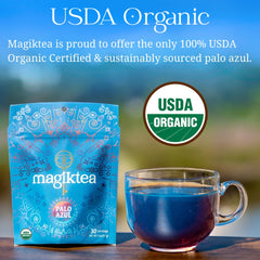 Magiktea brewed blue tea in glass demonstrating vivid color and appeal