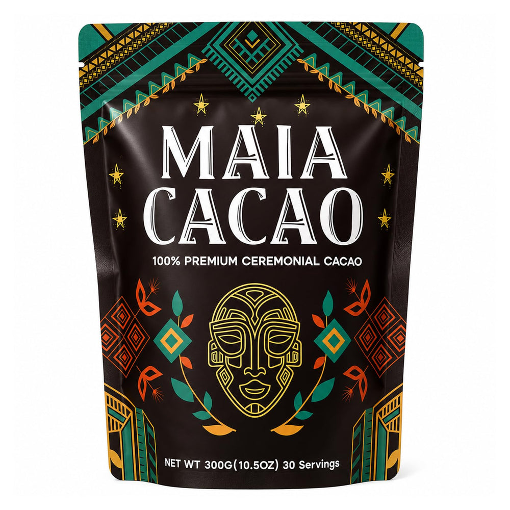 MAIA CACAO front packaging showing organic 300g pouch and clean branding for freshness