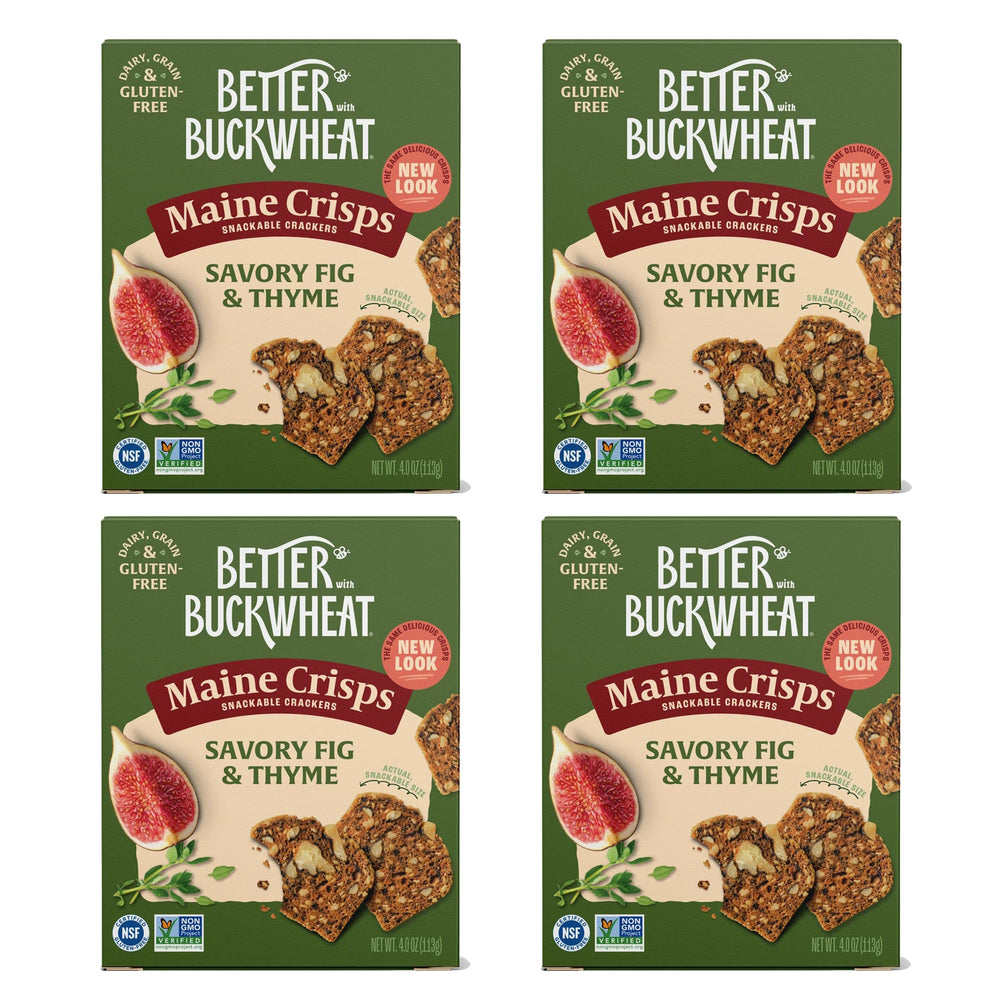 Maine Crisp front packaging showing fig and thyme flavor, premium snack appeal