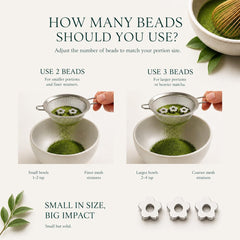 SAKURAME beads placed on a matcha sieve illustrating faster clump removal benefit