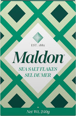 Maldon tin front packaging showing brand and flakes, highlights pure finishing salt