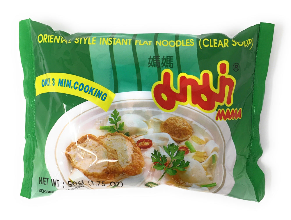 MAMA front packaging showing ten clear-soup flat noodle packets and convenience