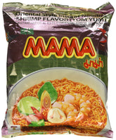 MAMA front packaging showing 30-pack and Shrimp Tom Yum flavor, clear pantry friendly benefit