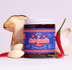 Mama Teav's front label on 6oz jar showing brand and mild garlic chili crisp benefits