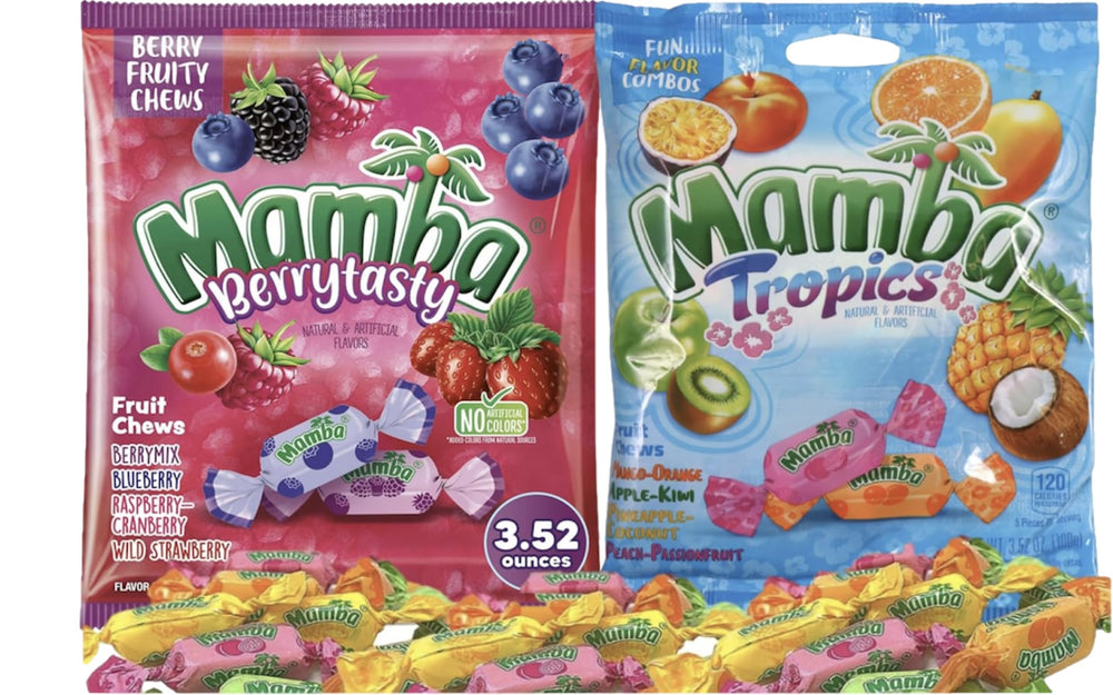 Generic Mamba pocket bag front view showing flavors and convenient sharing