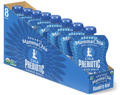 Mamma Chia front packaging showing organic blueberry acai pouches for convenient snacking
