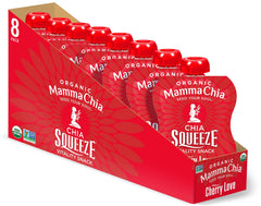 Mamma Chia front packaging showing Cherry Love pouch and organic badge