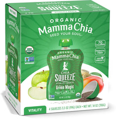 Mamma Chia front packaging showing organic green magic pouches and benefits