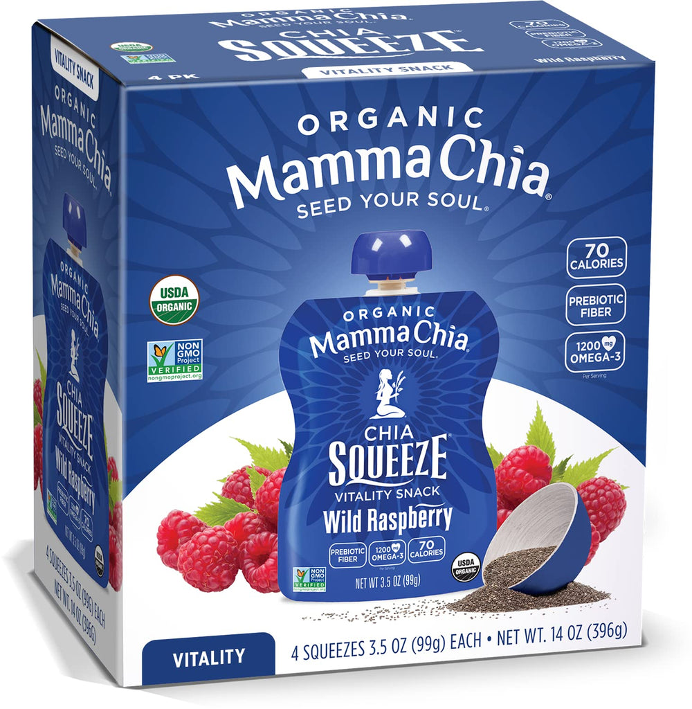 Mamma Chia front packaging showing organic wild raspberry benefits