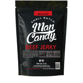 Man Candy front pack showing resealable 3 oz bag and bold logo for convenient snacking
