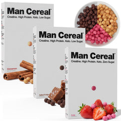 Man Cereal front box showing three flavors and nutritional benefits