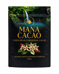 Mana Cacao front packaging showing single-origin Costa Rica and artisanal benefits