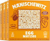 Manischewitz egg matzo front packaging showing three 12oz boxes and product branding