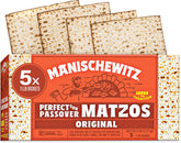 Manischewitz front packaging showing five boxed matzos and product details, convenient supply