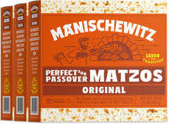 Manischewitz matzo front packaging showing three-box value pack and clear branding benefit: easy holiday stocking
