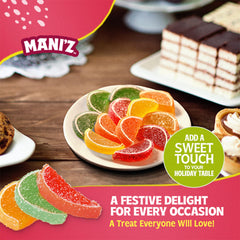 Manischewitz fruit slices arranged on a serving platter for desserts and garnishes