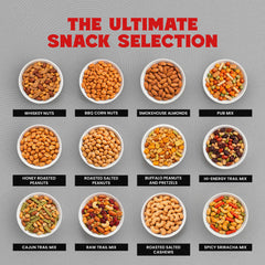 Open ManSnacks box displaying all twelve unique nut and trail-mix varieties for variety