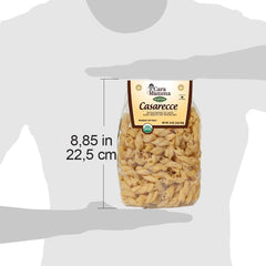 Mantova caserecce beside measuring cup showing portion size and serving guidance