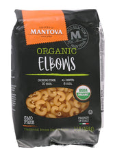 Mantova front packaging showing organic elbow pasta and clear labeling for pantry use