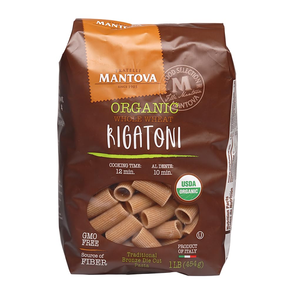 Mantova whole wheat rigatoni front packaging showing six 1lb bags and benefits