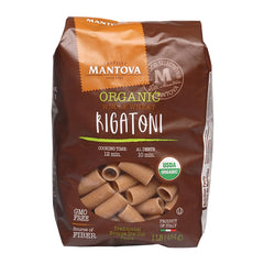 Mantova whole wheat rigatoni front packaging showing six 1lb bags and benefits
