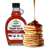 Maple Valley front glass bottle showing organic dark syrup and brand benefit