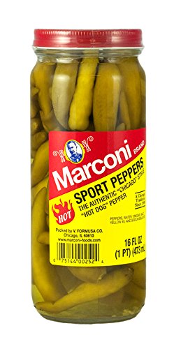 Marconi jar front label showing peppers and clear brine, ready to top dishes