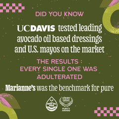 Marianne's Harvest bottle beside fresh avocados illustrating regenerative sourcing transparency