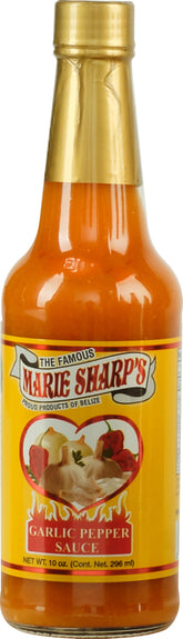 Marie Sharp's front label view showing brand and garlic pepper flavor for clear identification