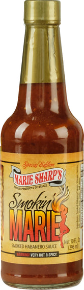 Marie Sharp's front bottle shot showing label and smoky habanero appeal