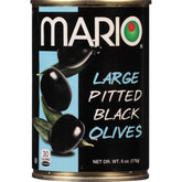 Mario front view of jar showing large pitted black olives, convenient serving