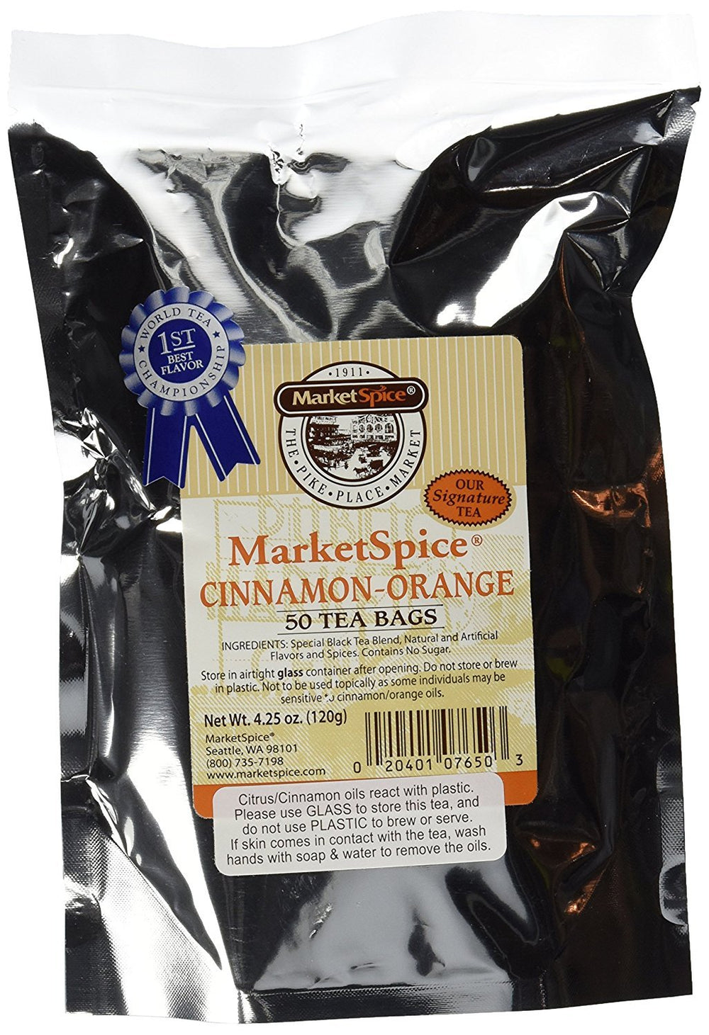MarketSpice front packaging showing 50 tea bags and bold cinnamon-orange branding for convenience