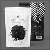 MARKY'S front-package view showing coarse black lava salt and resealable bag for freshness