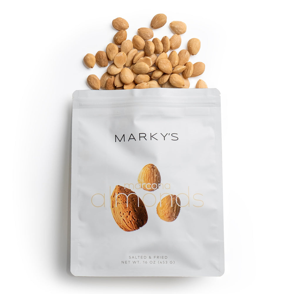 MARKY'S front packaging of 1 lb Marcona almonds showing brand and product benefit
