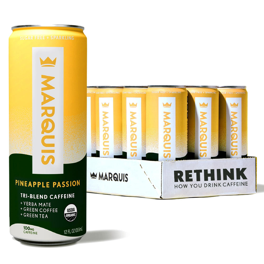 Marquis Organic Energy can front view showing pineapple passion flavor and clean label benefit