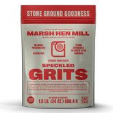 Marsh Hen Mill front packaging showing speckled grits and brand authenticity
