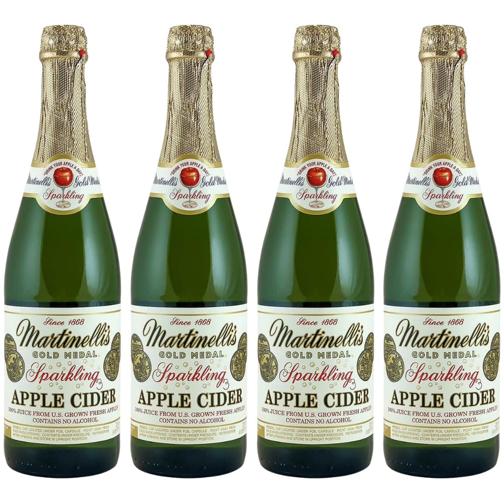 Martinelli's front packaging showing elegant glass bottles and premium presentation benefit