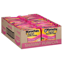Maruchan front packaging shrimp ramen showing product and quick meal benefit