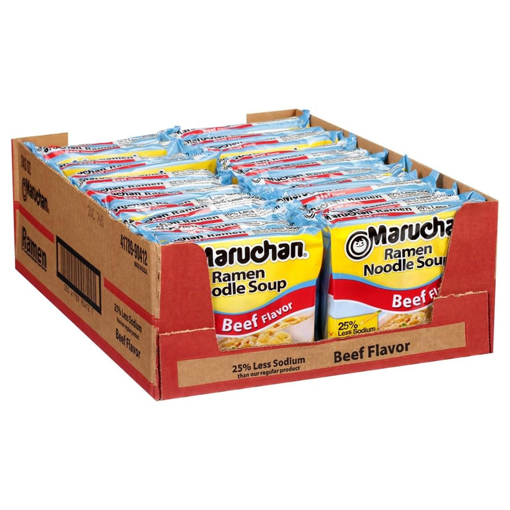 Maruchan front packaging showing less sodium beef flavor and convenience