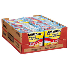 Maruchan front packaging showing less sodium beef flavor and convenience
